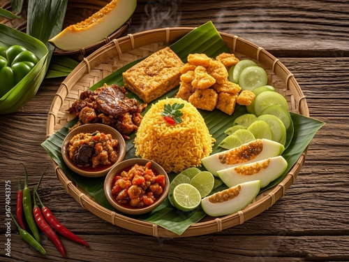 Traditional Indonesian Yellow Rice with Complete Side Dishes on a Bamboo Plate