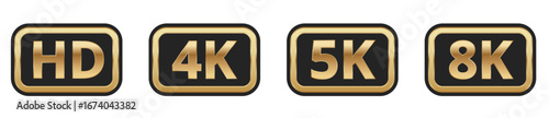 Hd 4k 5k 8k gold icons displaying video resolution standards.