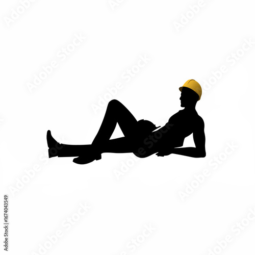 Silhouette of a worker resting with helmet in hand isolated on white background
