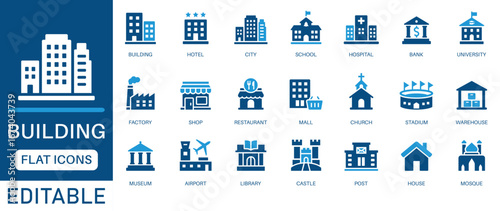 Building Icon Set. Containing house, office, bank, school, hotel, shop, university and hospital icons. Perfect for maps, architecture, and real estate designs.