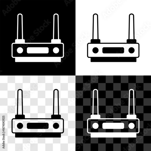 Set Router and wi-fi signal icon isolated on black and white, transparent background. Wireless ethernet modem router. Computer technology internet. Vector
