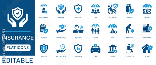 Insurance Icon Set. Features editable icons for insurance symbols, health insurance, safety, risk management, etc. Perfect for insurance companies, financial advisors, and insurance brokers.