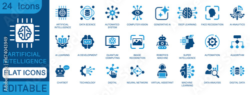 Artificial intelligence icon set. Containing machine learning, data science, AI, virtual assistant, generative AI, technology, Turing test and more. perfect flat icon collection.