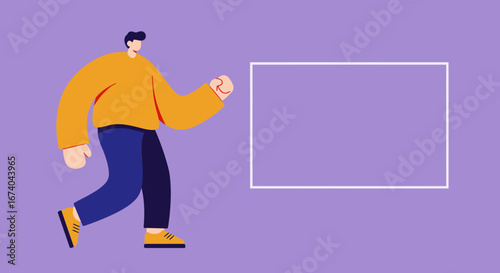 Stylized man walks towards a blank white frame, perfect for displaying custom content, new ideas, or promotional messages. Concepts of presentation, choice, and opportunity.