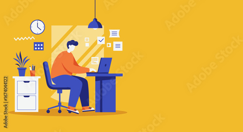 Illustration of a focused person working remotely on a laptop at a modern home office desk, managing tasks and enhancing productivity. Ideal for business, technology, and lifestyle content.