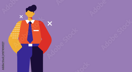 Stylized illustration of a confident businessman standing with hands in pockets against a vibrant purple background. Represents professionalism, success, and modern corporate themes.