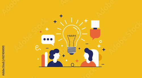 Two diverse colleagues collaborate, brainstorming new ideas with a bright lightbulb symbolizing innovation and inspiration. Ideal for business, teamwork, or creative concepts.