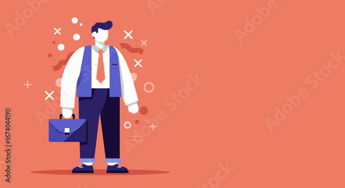 Professional businessman illustration holding a briefcase against a clean coral background. Ideal for corporate concepts, career, finance, and professional success.