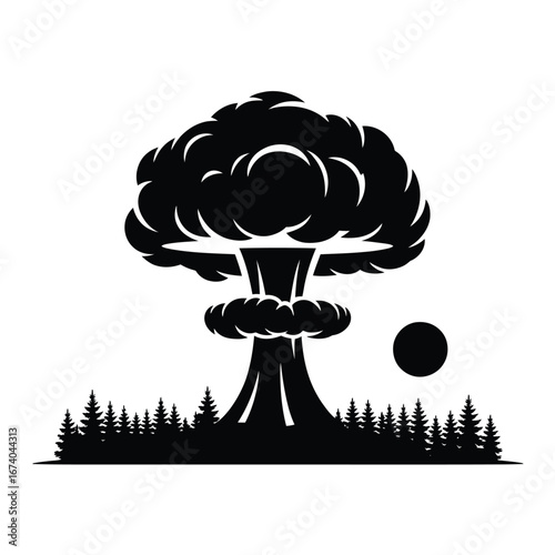 Mushroom cloud explosion silhouette over pine forest and moon