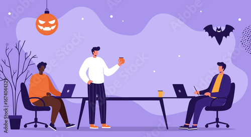 Diverse team collaborating in a festive Halloween-decorated office. Perfect for illustrating seasonal business themes, teamwork, and creative workspaces.