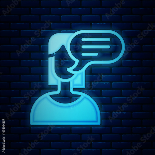 Glowing neon Female opinion icon isolated on brick wall background. Vector