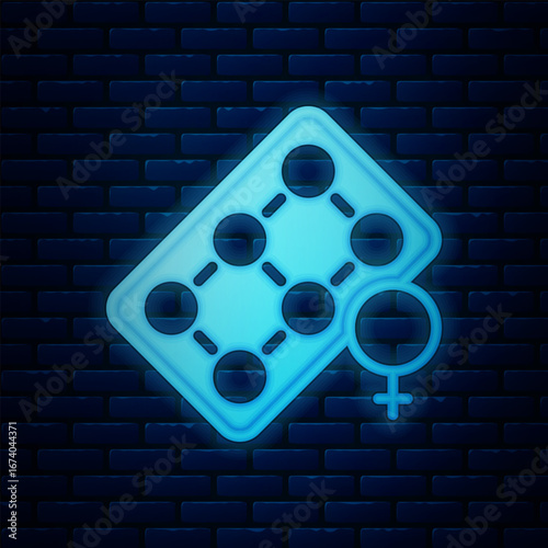 Glowing neon Packaging of birth control pills icon isolated on brick wall background. Contraceptive pill. Vector