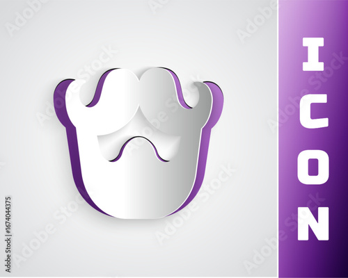 Paper cut Mustache and beard icon isolated on grey background. Barbershop symbol. Facial hair style. Paper art style. Vector