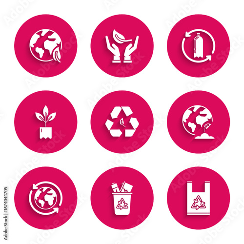 Set Recycle symbol and leaf, bin with recycle, Plastic bag, Earth globe plant, Planet earth recycling, Plant bottle, Recycling plastic and icon. Vector