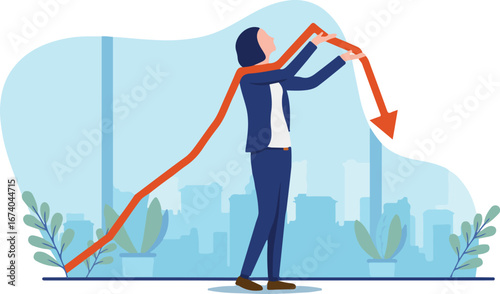 Businesswoman holding arrow pointing down - Woman standing at work holding a falling graph in hands. Metaphor for financial loss and failing business. Vector illustration with white background.