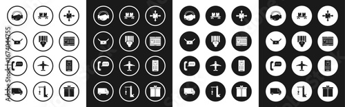 Set Cardboard box with traffic symbol, Scanner scanning bar code, Support operator touch, Laptop app delivery tracking, Railway carriage, Mobile phone and Telephone speech bubble chat icon. Vector