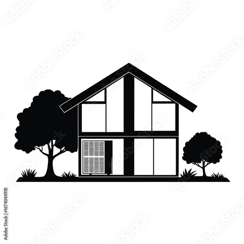 Modern silhouette of a two story house with trees and grass