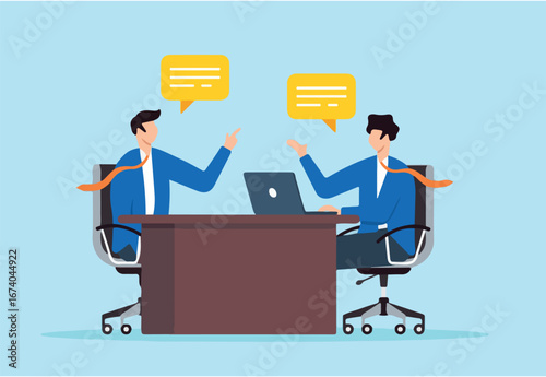 Flat illustration of business people engage in job interview at office desk discussing career development and answering questions