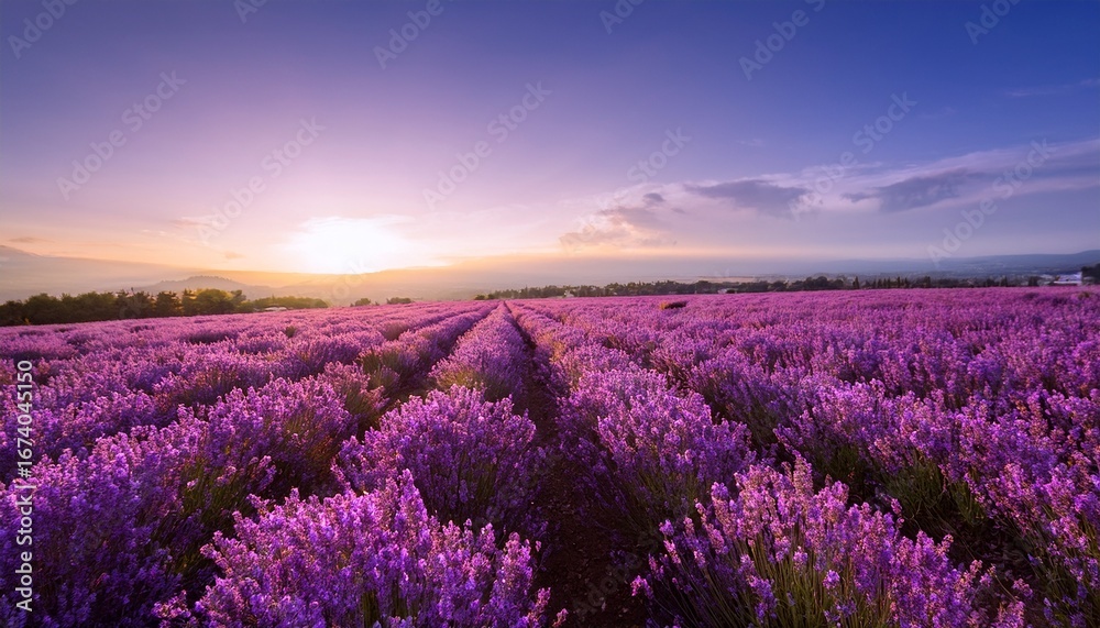 Obraz premium soft diffused light illuminates a serene field of lavender flowers in full bloom highlighting their vibrant purple colors and creating a peaceful ambiance