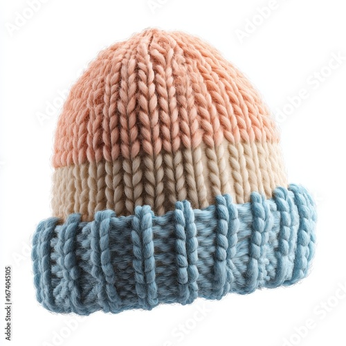 Cozy knitted beanie with pastel pink, cream, and blue color blocking