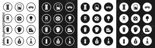 Set Gamepad, Film reel, Wood easel or painting art boards, Sewing thread on spool, Racket for playing table tennis, Picture landscape, Paper shopping bag and Popcorn cardboard box icon. Vector