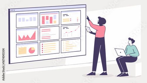 Business Analytics Team Collaborating on Interactive Data Visualization Dashboard. Professionals Reviewing Digital Reports and Charts on Large Scre...