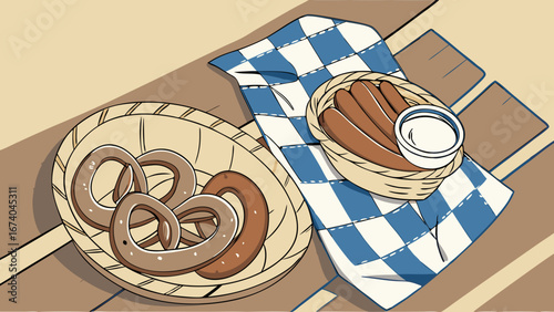 Traditional German Food Illustration: Pretzels, Sausages, and Sauce on Checkered Napkin; Bavarian Cuisine Graphic Design Element