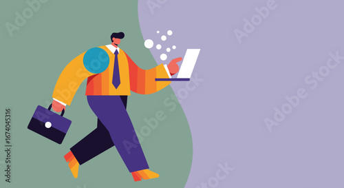 Energetic businessman on the go, managing tasks on his laptop while carrying a briefcase. Represents modern mobile work, connectivity, and efficient communication.