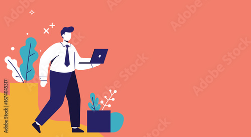 Professional businessman walking with a laptop, representing modern remote work and digital communication in a vibrant, clean environment.