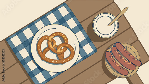 Traditional German Feast: Soft Pretzel, Grilled Sausages, and Creamy Dip on a Wooden Table with Checkered Cloth. Flat Vector Illustration.