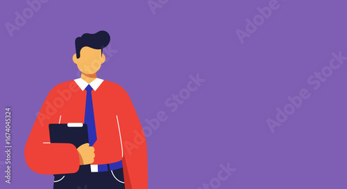 Professional man in a red shirt and blue tie holds a clipboard, representing business, education, or communication with copy space.