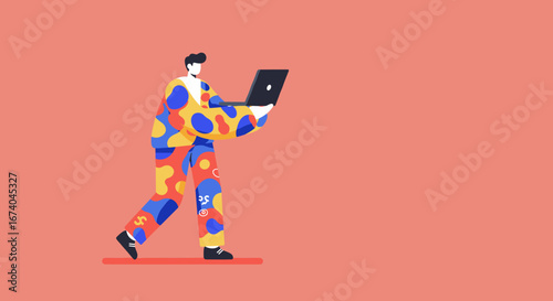 Vibrant illustration of a person walking while actively using a laptop, symbolizing mobile connectivity, remote work, or creative digital tasks. Ideal for technology, business, or lifestyle concepts.