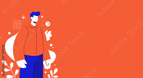 Modern flat design illustration of a confident man standing on a vibrant orange background with abstract shapes, ideal for business, technology, or lifestyle marketing.