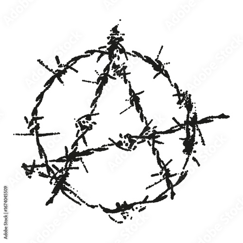 Anarchy symbol. Black letter A as anarchism sign made of barbed wire with grunge gritty halftone stipple texture. Vector illustration isolated on transparent background