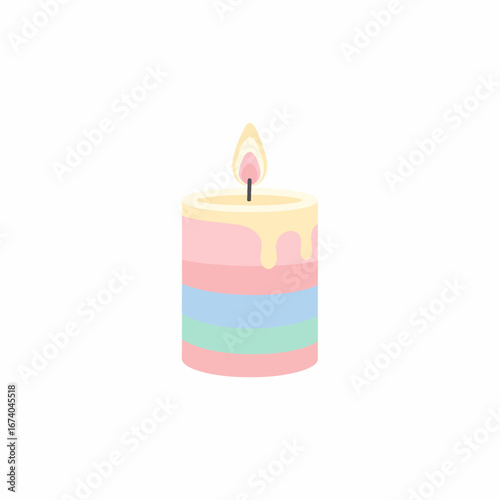 Pastel Striped Candle with Dripping Wax and Flame.