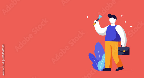 Illustrated man with a briefcase and pen, symbolizing creative ideas, business planning, and professional success. Ideal for concepts of innovation, education, and work.