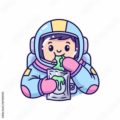 Cute Astronaut Girl Enjoying Space Food Pouch.