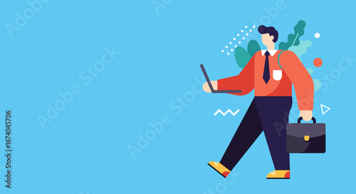 Focused businessman walks with a laptop and briefcase, embodying mobile productivity and professional success. Ideal for modern business, technology, and dynamic lifestyle concepts.
