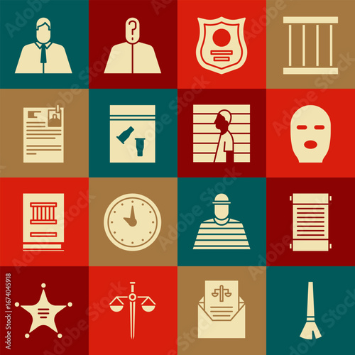 Set Paint brush, Decree, paper, parchment, scroll, Thief mask, Police badge, Evidence bag and bullet, Lawsuit, Lawyer, attorney, jurist and Suspect criminal icon. Vector