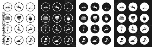 Set Garden rake in work, Tree with apple, Farm house, Lawn mower, Apple, Sprout hand of environmental protection, and icon. Vector