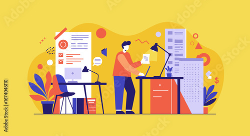 Productive man working on a laptop at a modern office desk, managing tasks and documents. Ideal for business, remote work, or project management concepts.