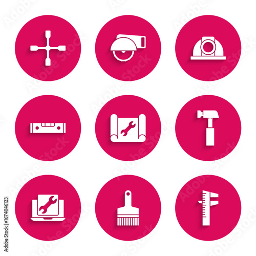 Set Graphing paper and wrench, Paint brush, Calliper or caliper scale, Hammer, Laptop service, Construction bubble level, Worker safety helmet and Wheel icon. Vector
