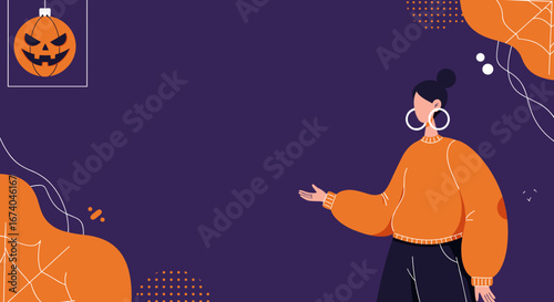 Modern illustration of a woman presenting a Halloween themed background with a jack-o'-lantern. Ideal for holiday promotions, events, and seasonal marketing.