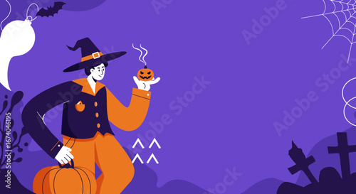 Playful Halloween character in a witch costume with pumpkins, bats, and gravestones against a vibrant purple backdrop. Great for holiday promotions, parties, and seasonal designs.