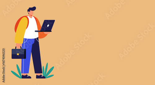 Stylish man working on laptop while carrying a briefcase and backpack, perfect for business, education, or travel concepts.