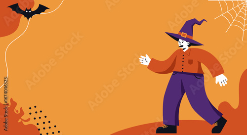 A cheerful witch illustration on an orange background, perfect for Halloween celebrations, promotions, or themed events. Features a bat and spider web.
