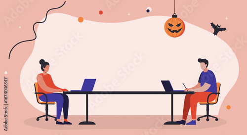 Two colleagues work on laptops at a long desk with a Halloween theme, featuring a pumpkin lantern and bat. Illustrates festive office productivity or remote collaboration.