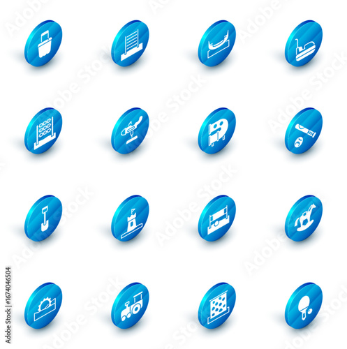 Set Swedish wall, Boat swing, Bumper car, Tic tac toe game, Shovel toy, Swing plane, Baseball bat with ball and Kid playground slide pipe icon. Vector