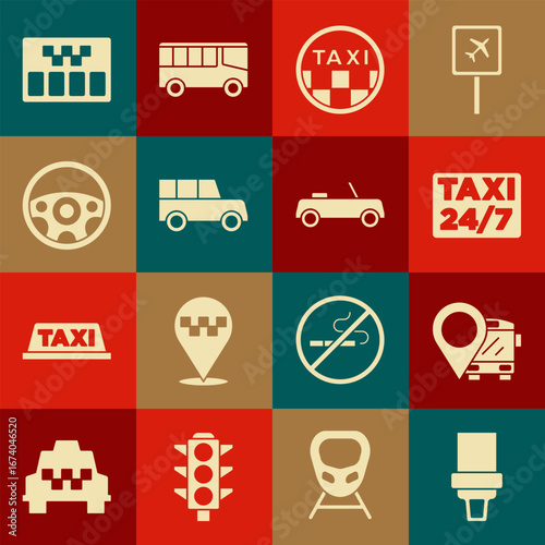 Set Safety belt, Location with bus, taxi, Taxi car roof, Car, Steering wheel, Taximeter and icon. Vector