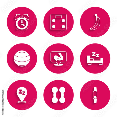 Set Bodybuilder muscle, Dumbbell, Smartwatch, Time to sleep, Sleepy, Fitness ball, Banana and Alarm clock icon. Vector